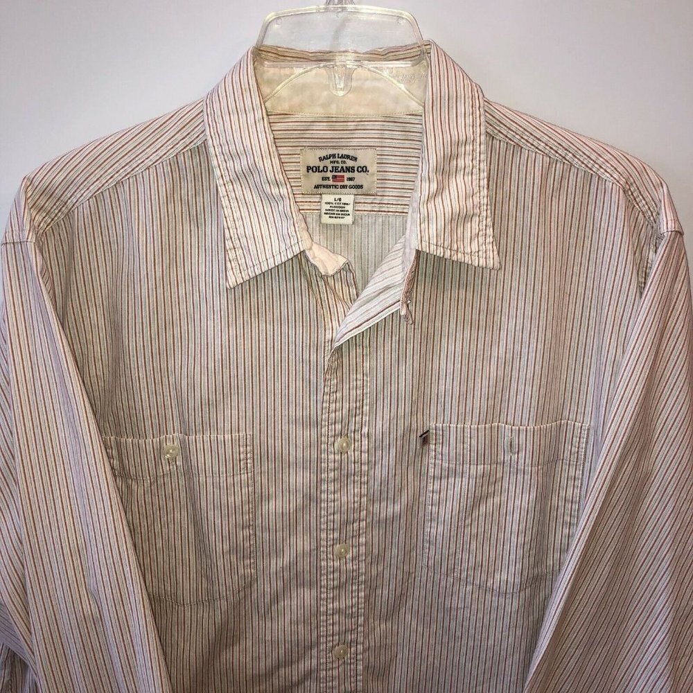 VTG Ralph Lauren Polo Jeans Mens Large Brown Striped Long Sleeve Button Up Shirt